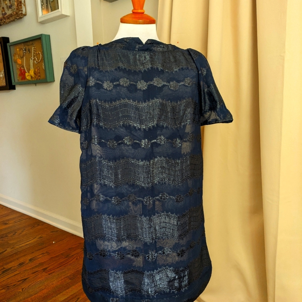 Urban Outfitters Play by C. Ronson Navy Metallic Floral Sheer Shift Dress Size S